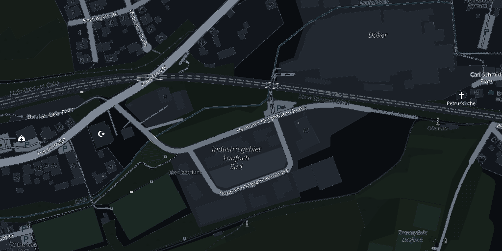 Kartenausschnitt von Laufach: die Hermann-Niggemann-Straße im Industriegebiet Laufach Süd, nördlich davon die Hauptstraße und die Main-Spessart-Bahn.